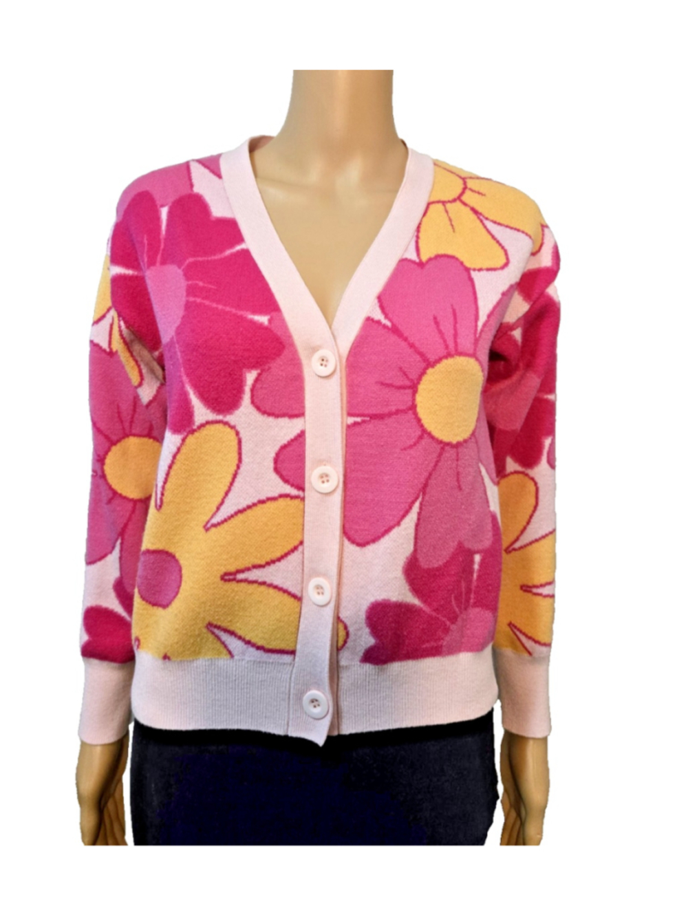 Willow & Wind M Cropped Floral Cardigan Knit Pink Yellow Button Y2K - Picture 3 of 8